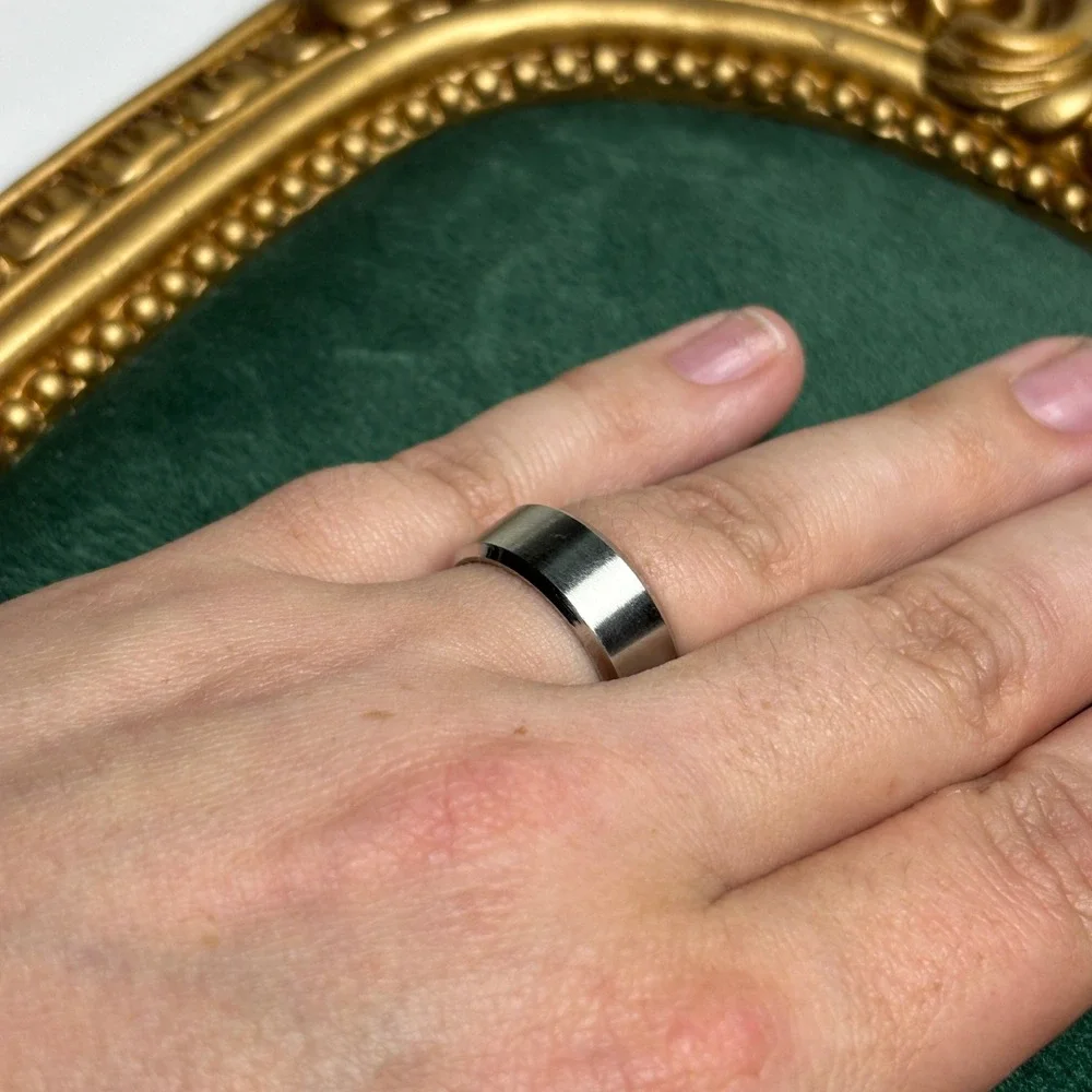 Silver Stainless Steel 8mm Beveled Edge Brushed Band Ring Size 8 Unisex